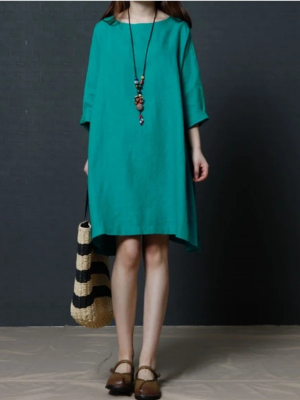 

Loose Fit Linen Dress Women's Green Casual Summer Mid-Length Slimming plus Size Clothing Comfortable Breathable Daily Wear
