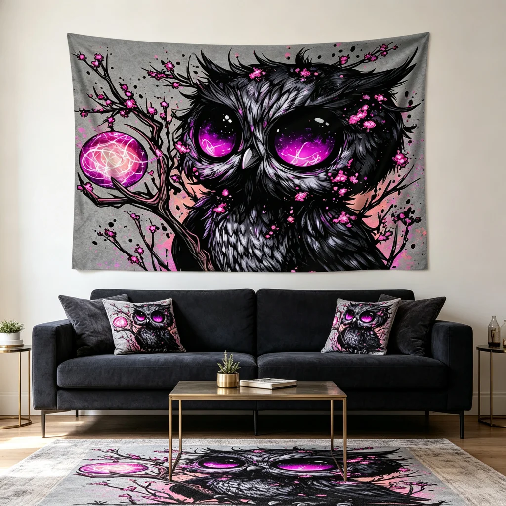 1PC Purple Eye Owl Sakura Art Print Backdrop Banner, Bedroom Living Room Photo Background, Polyester, Home Decor, Wall Art