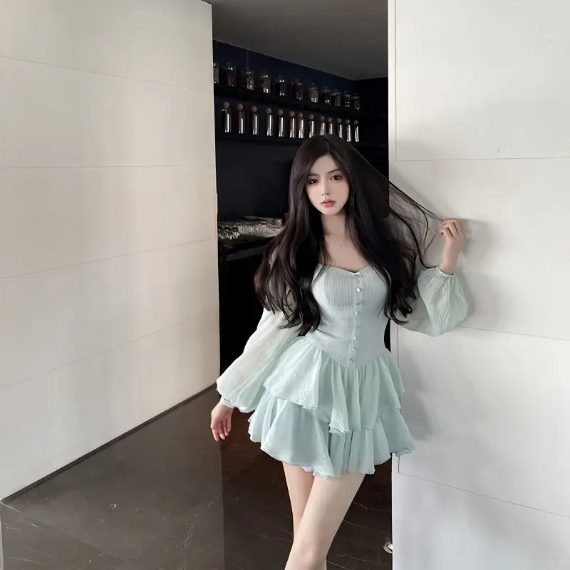 

Green Puff Sleeve Chiffon Dress Female New Summer Long-sleeved High Waist Slim Sexy Sweet Girls Fairy Temperament Mini Dresses