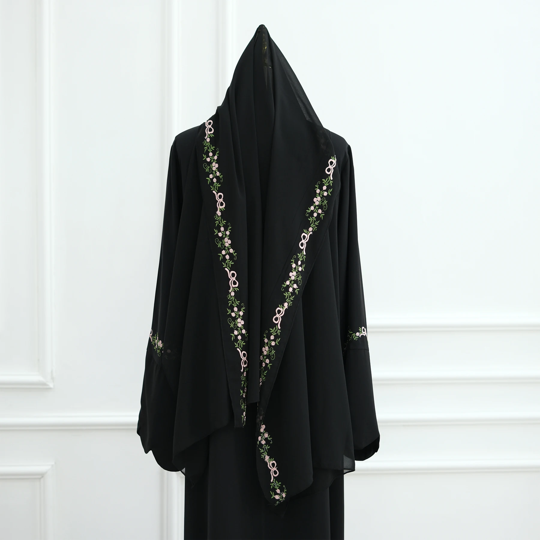 Regular Fit Floral Embroidered Dubai Abaya-Open Front, Wide Sleeves with Scalloped Cuffs. Ramadan Eid Muslim Women Kimono Abaya