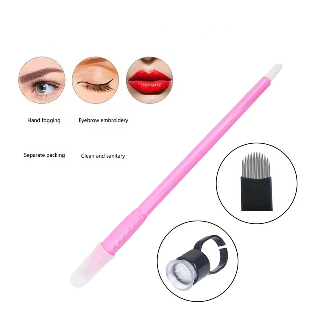 

New 50/ 100pcs Pink Disposable Microblading Eyebrow Tattoo Pen With 0.15mm 18U Micro Blade Needles Permanent Makeup Embroidery