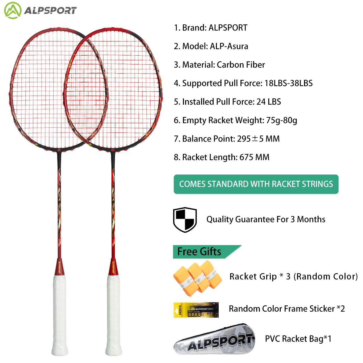 

ALP Ashura 6U Badminton Racket Black and Red Original Full Carbon Fiber High-LBS Offensive Single Racket Set ALPSPORT