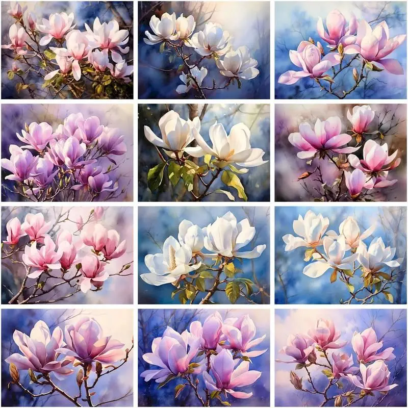 CHENISTORY Painting By Numbers Magnolia Flower DIY Room Wall Art Pictures By Number Flower For Adults Kids Home Decoration