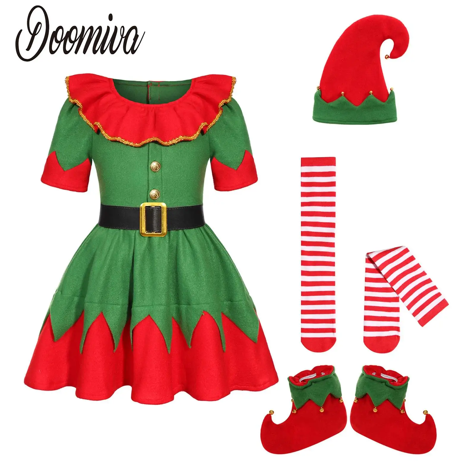 

Girls Christmas Elf Costume Outfit Santa Claus Set Xmas Party Wear Short Sleeve Zipper Ruffled Dress Stripe Socks and Shoes Set