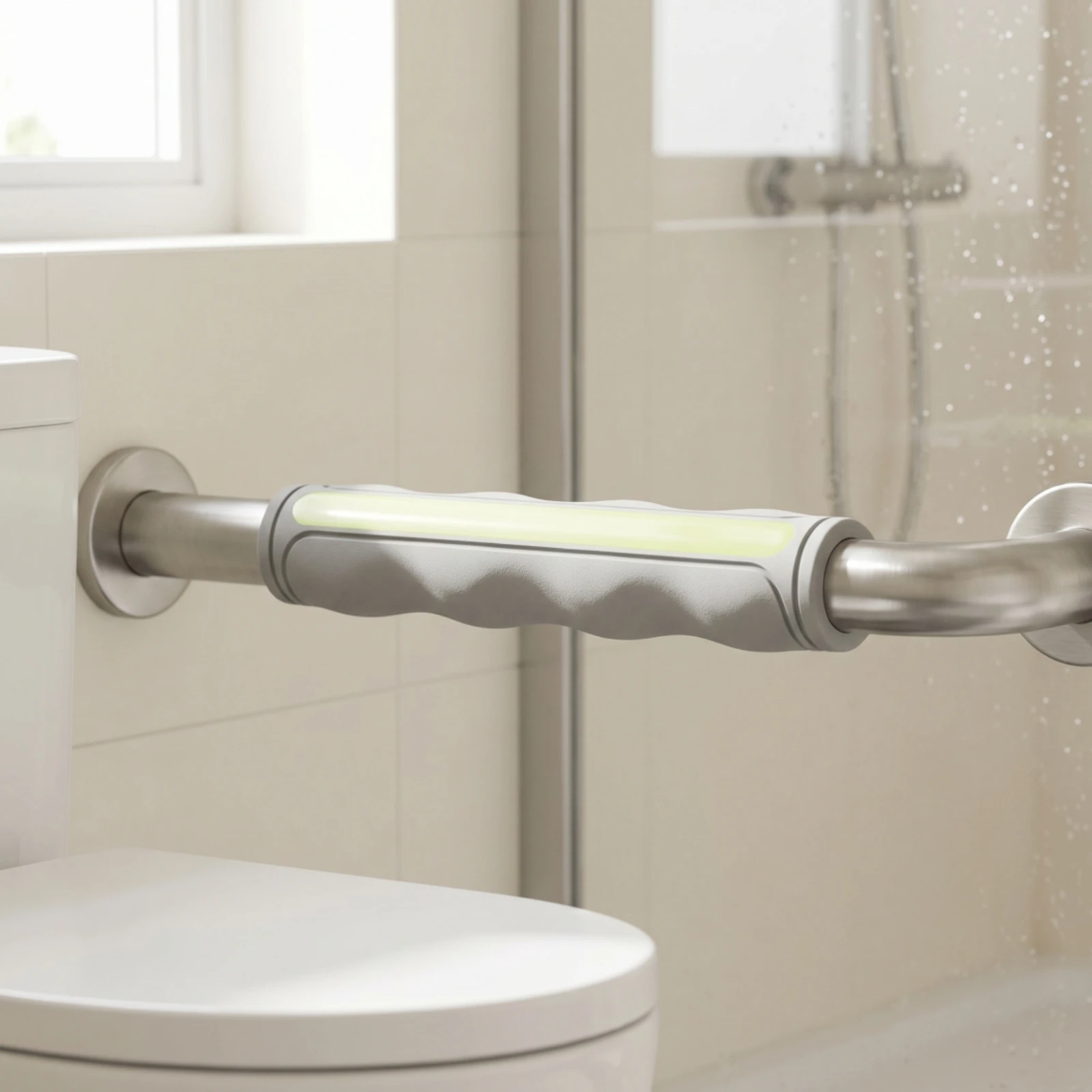 Grab Bar Cover Non-Slip Silicone Sleeve with Luminous Strip Handle Sleeve Glow-in-the-Dark Soft-Textured for Elderly, Bathroom