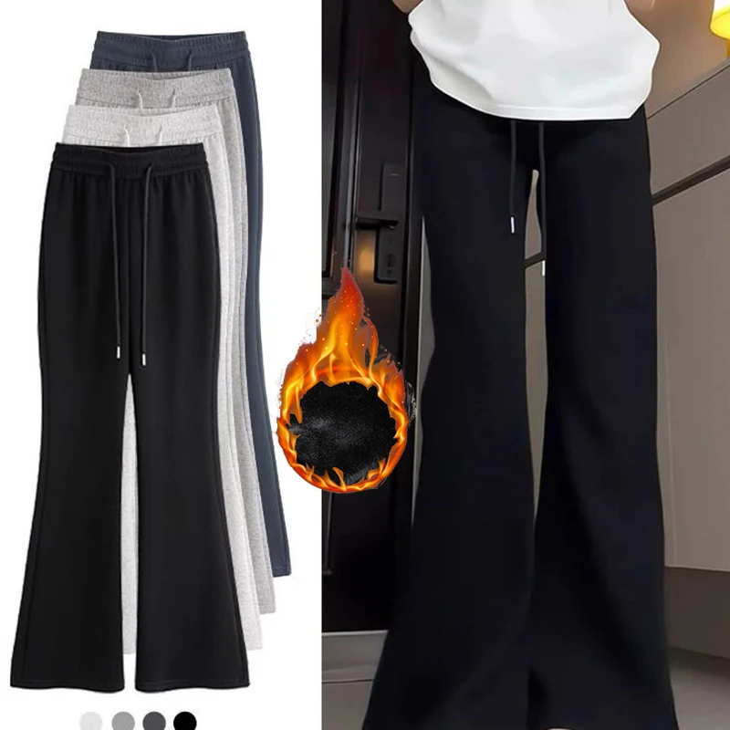 Winter-Thermohose für Mädchen mit hoher Taille und schmaler Passform, warme, einfarbige Plüschhose für Damen, koreanische, dünne, lässige Schlaghose