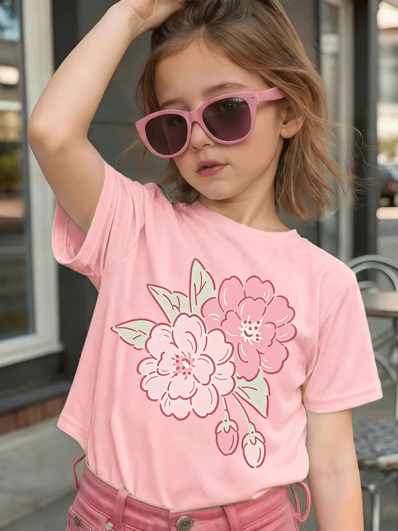 Cute Beautiful Pink Peony Flower Leaf Graphic Kids Tee Boys Girls Family Matching Cotton Crew Neck Short Sleeve Soft Summer Tee