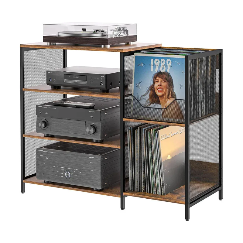 New Record Player Shelf, Turntable Amplifier Stand, Vinyl Record Storage Rack, Living Room CD Stand, Iron and Wood