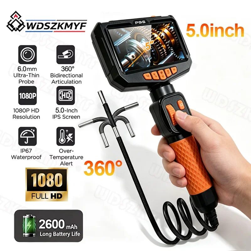 360°Industrial Endoscope Inspection Camera 5inch Screen IP67 6mm Lens Automotive Boroscope For Car SUV Inspection Device Camera