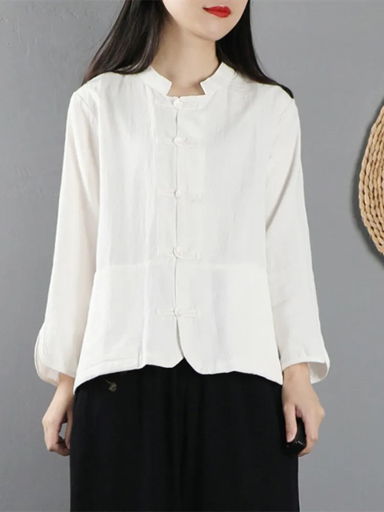 레트로 코튼 린넨 여성용 봄 2023 신상 슬레 내셔널 슬레 윈드 디스크 버튼 다도복 루즈핏 롱 슬리브