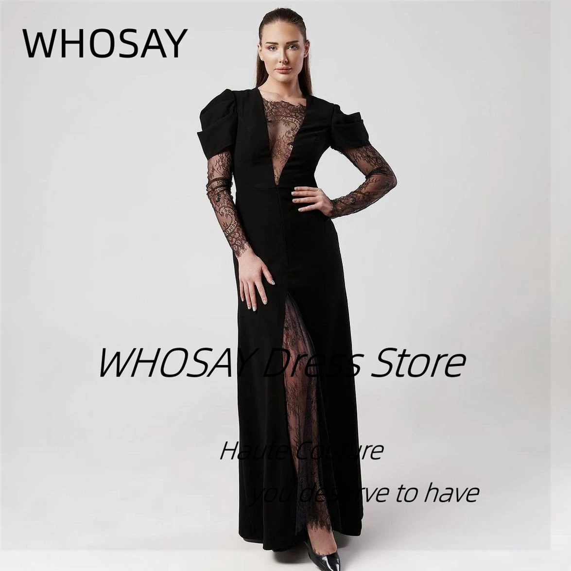 WHOSAY-Robe de Soirée Noire Sexy en Dentelle à Manches sulf, Tenue de Bal avec Fermeture Éclair au Dos pour Invités de Mariage, Nouvelle Collection