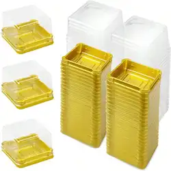 50PCS Clear Plastic Mini Cupcake Boxes Muffin Pod Dome Muffin Single Container Box Wedding Birthday Gifts Supplies(square, gold)