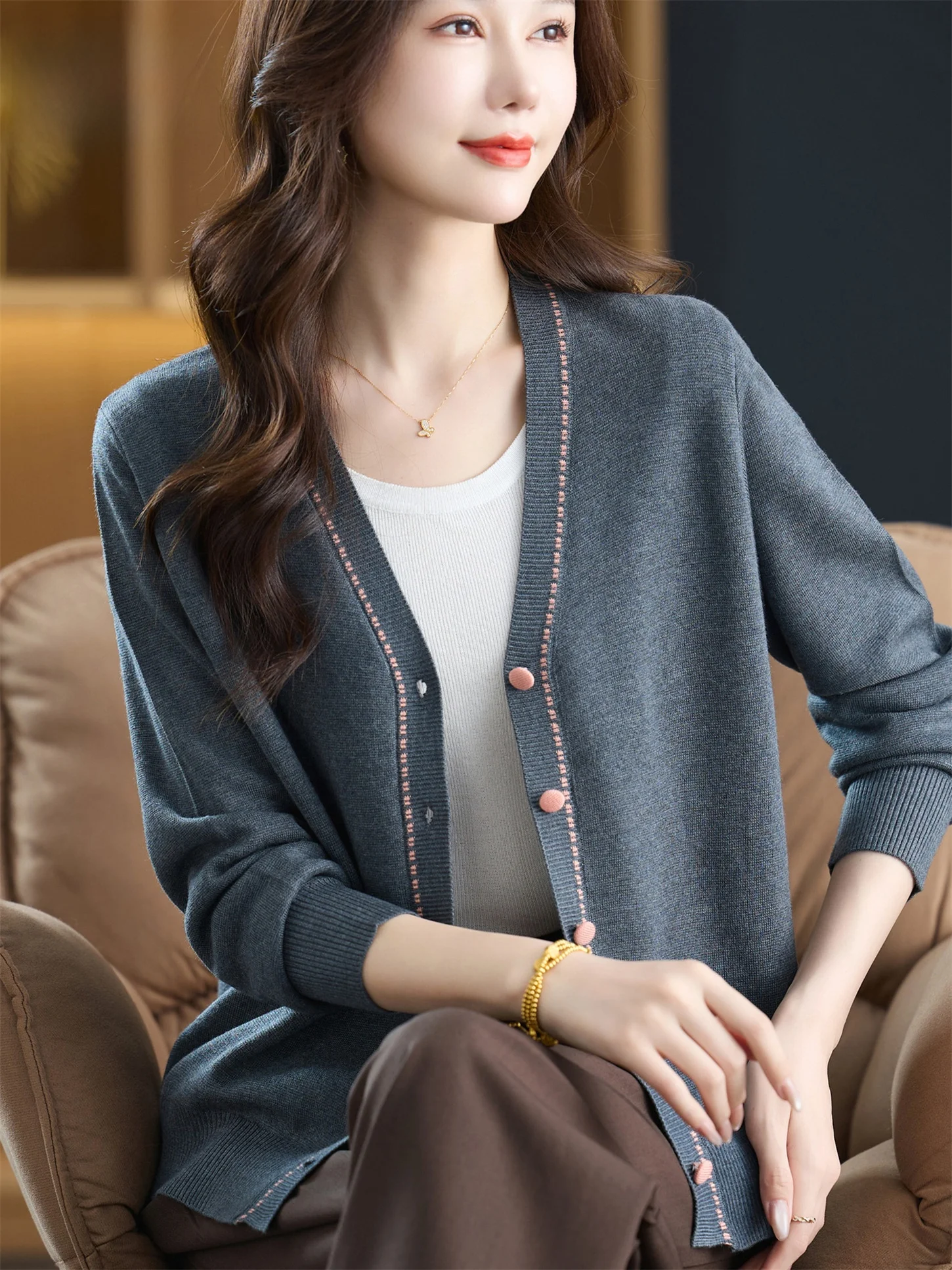 

Faionable V-Ne вязаный открытый кардиган, свободный женский кардиган среднего возраста и ly Sle, весна-осень, Новое поступление, антивозрастная верхняя одежда