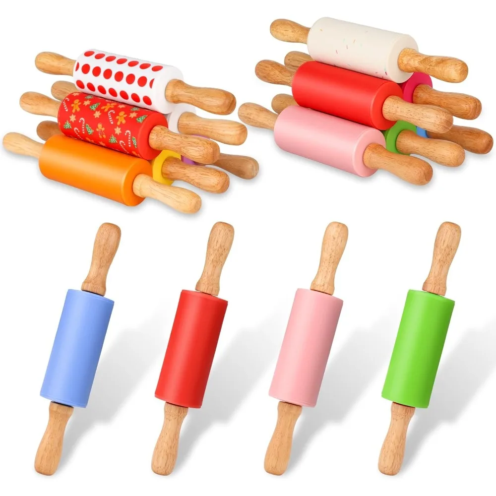 

Children's Mini Silicone Rolling Pin Set, Non-Slip Wood Handle, 9 Inches, 16 Pieces