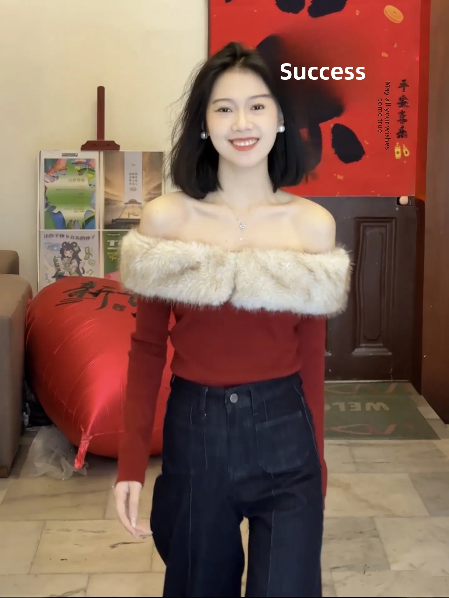 

Red Knitted oulder Bared Slim Fit Long Sve Knitwear for Women Winter Season Pure Desire Casual Faion oulder