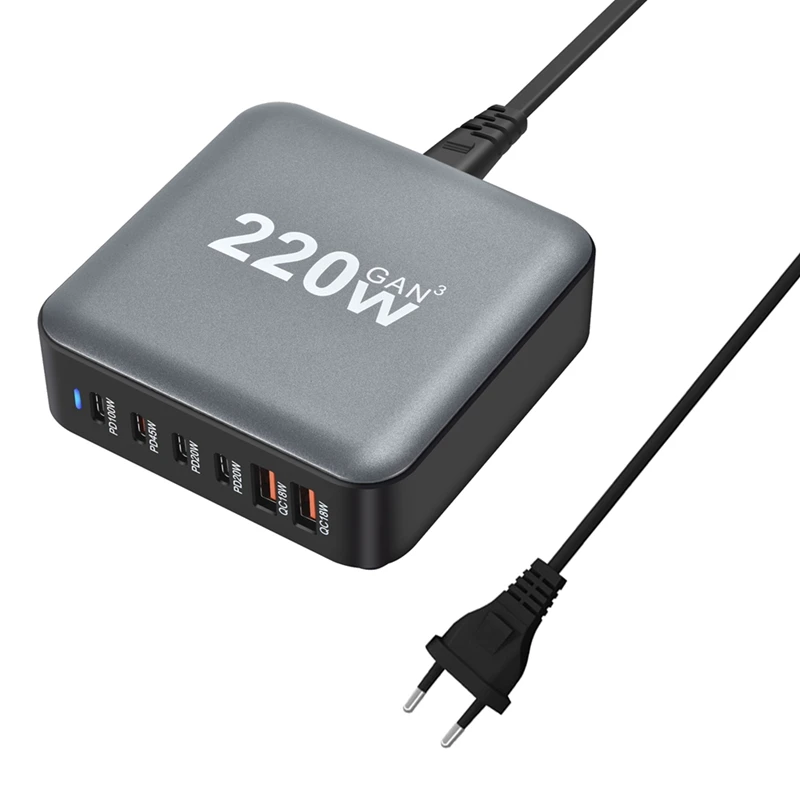 

New 220W Gan Desktop Charger 6-Port USB Type C PD Charger Fast Charge 3.0 Fast Charger Mobile USB Charger
