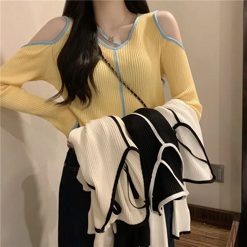 Femme Spring Summer Korean Fashion Simplicity Screw Thread Solid Color O-neck Women Clothes Fashionable Patchwork Long Sleeve
