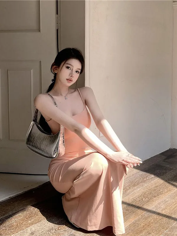 Slimming Fish Tail Long Dress High Waist Korean Style Commute Fashion No Sleeve Summer Dress for Young Women in Their 20s