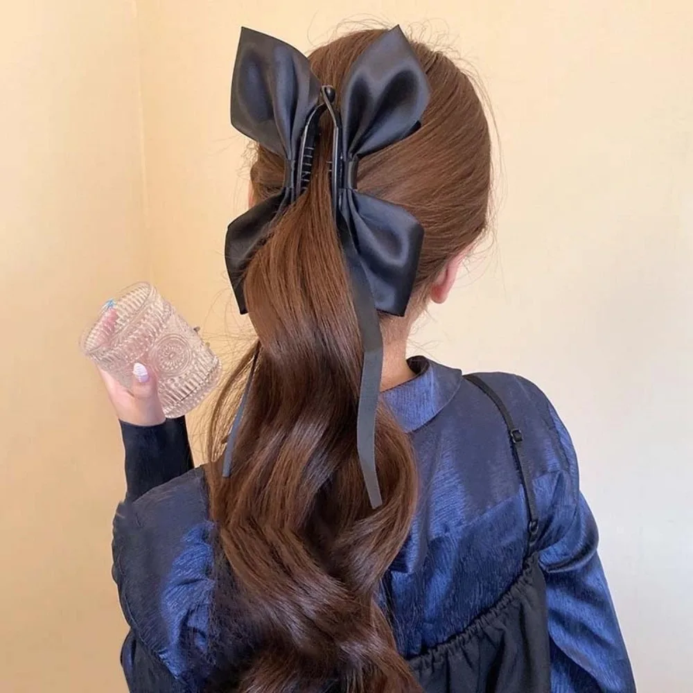 

2pcs Ballet Style Ribbon Banana Clip Sweet Wide Side Bow Vertical Clip Polyester Woven Black Knitted Hair Hoop Ponytail Holder