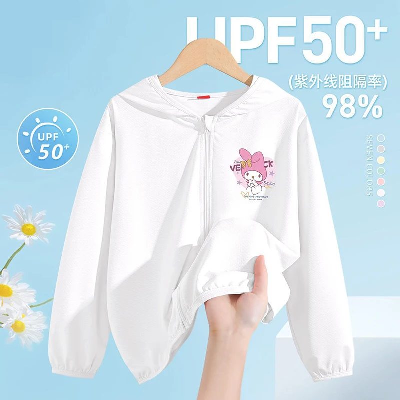 Vêtements de protection solaire Kuromi pour enfants, imprimé Cinnamoroll, Kawaii Anime Melody, manteau de protection UV, doux et mignon, cadeau pour fille, été