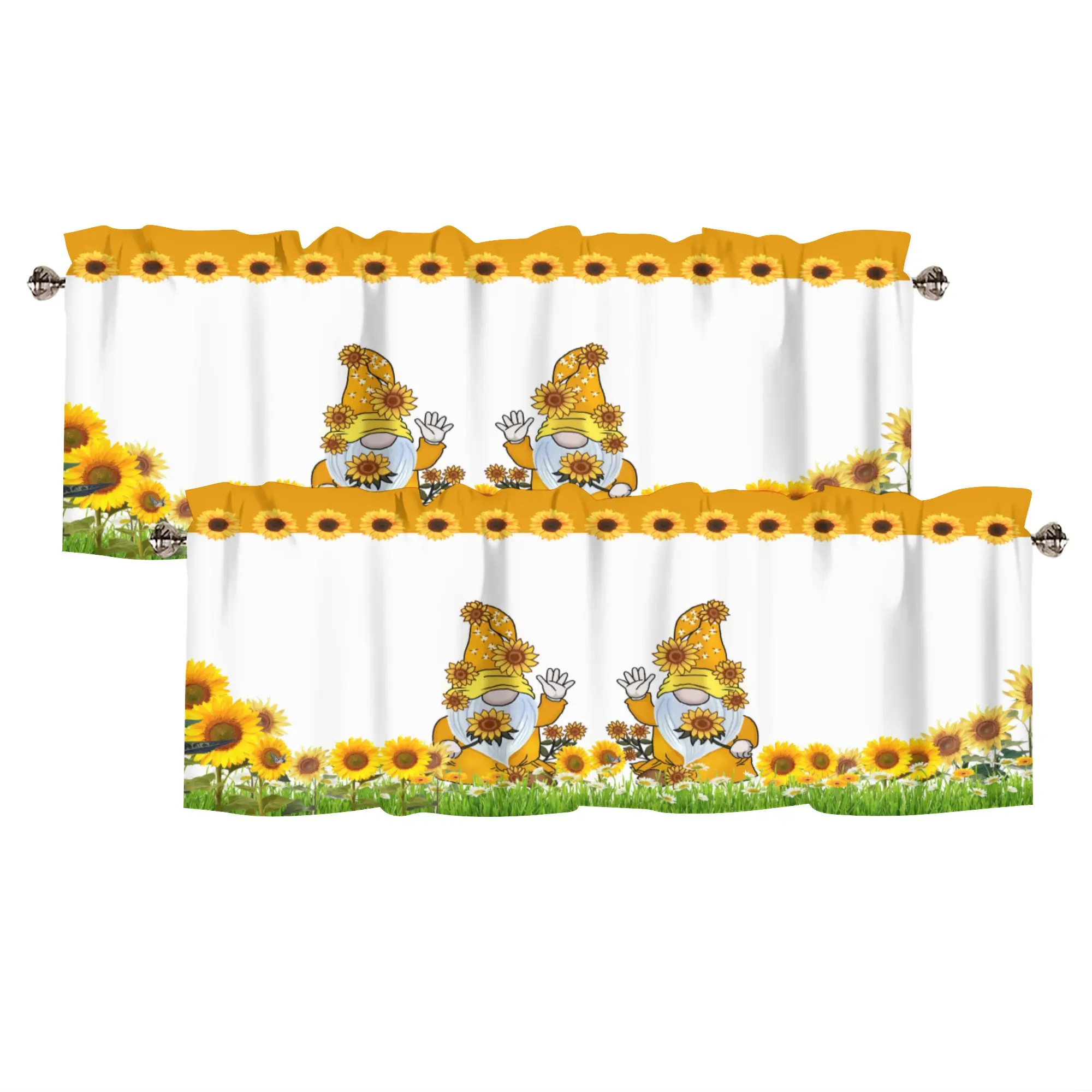 2 Piece set Valance Curtain for Kitchen-Sunflower Decorations for Living Room -Sunflower Gnome Decor Rod Pocket Valances