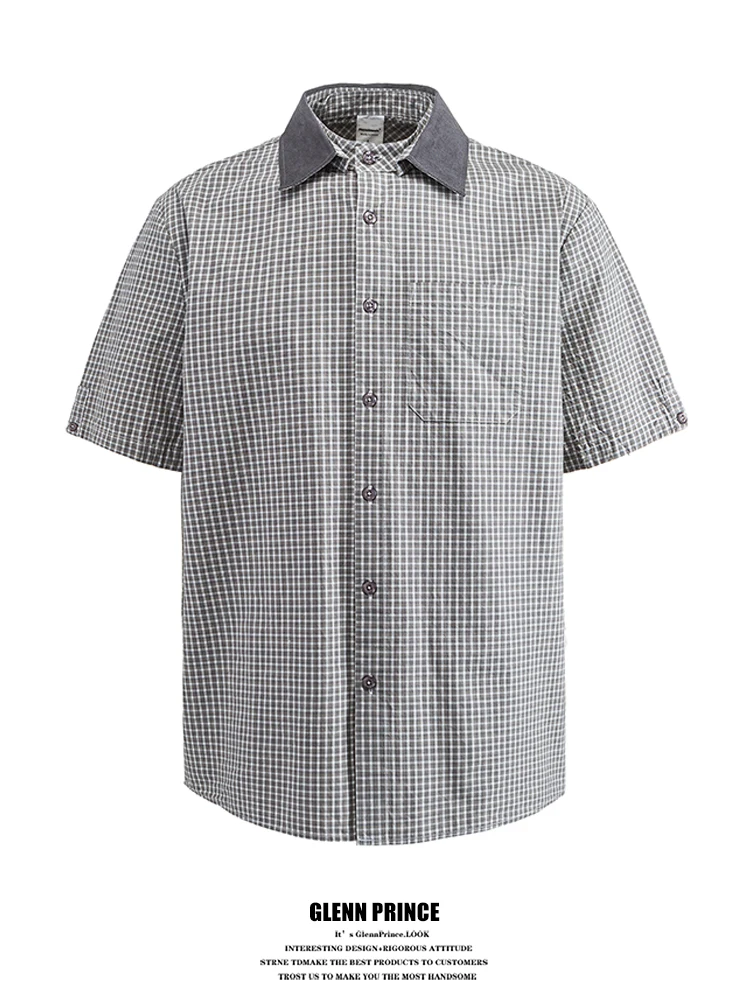 

GPstudio Japanese Style Short Sleeve Shirt Men's Summer Design Casual Unbuttonable Collar Color Woven Grid Loose Fit Cotton