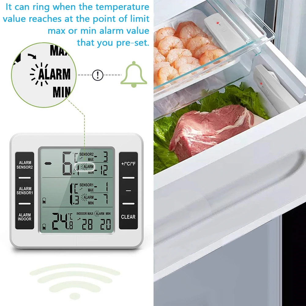 + 2 sensori per cucina, congelatore, misuratore di temperatura da giardino termometro Wireless per interni ed esterni con allarme acustico