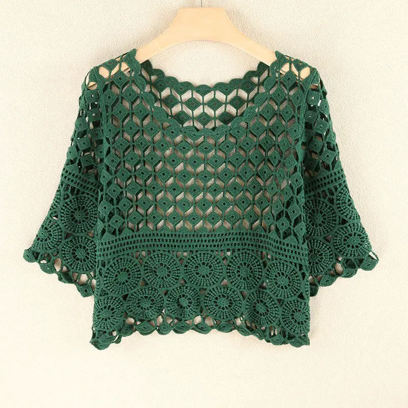 

Short hollow sexy round neck knitted cover up shirt for women, versatile and loose fitting, slimming , stylish, clothing