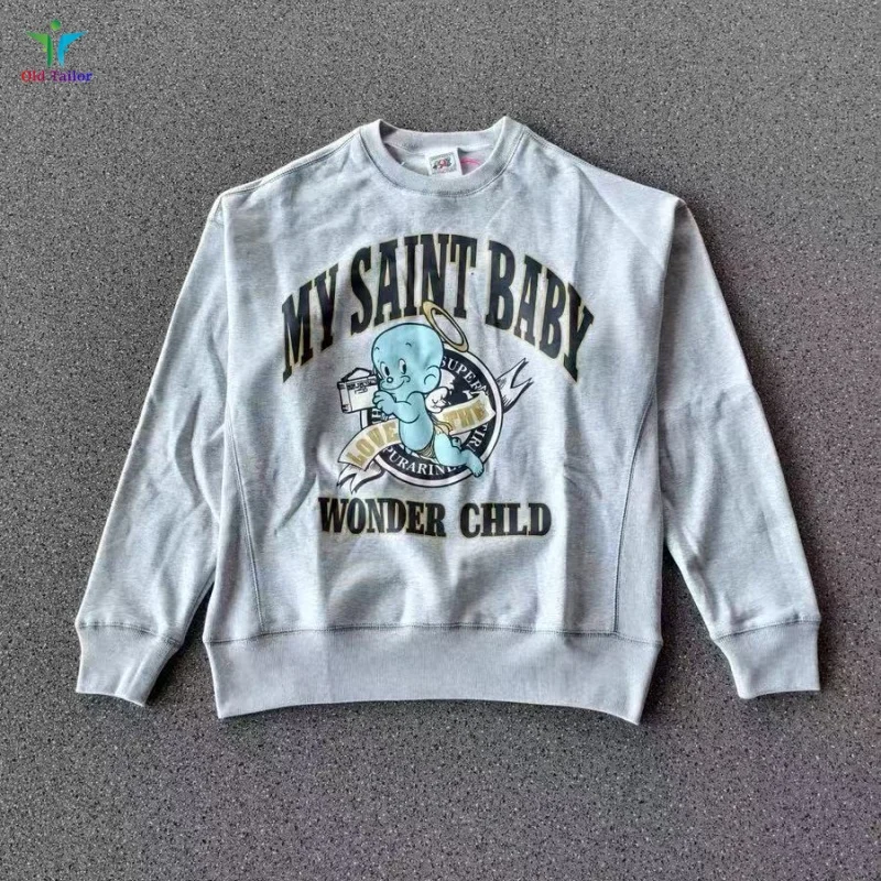 Saint Hip Hop Latest Angel Baby Washed Gray Round Neck Split Shoulder Sweatshirt High Street Trend Winter Pullover