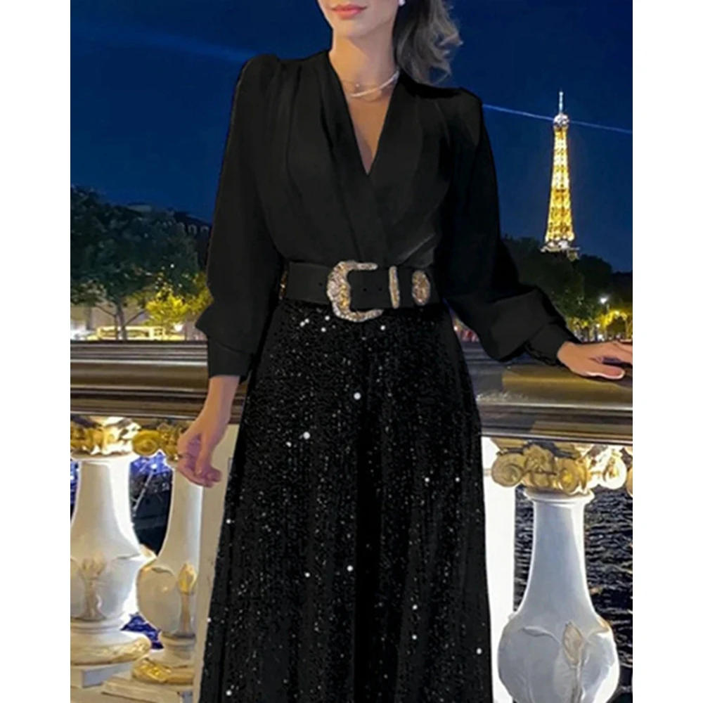 Sequins Decor Wide Leg Jumpsuit for Women 2024 Elegant Summer V-Neck Long Sleeve Jumpsuit Ruched One Piece Trendy Party Outfits