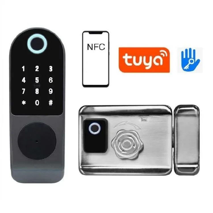 

Tuya or TT Lock APP Double Sensor Biometric Fingerprint Digital Key Card Door Lock Smart Rim Lock