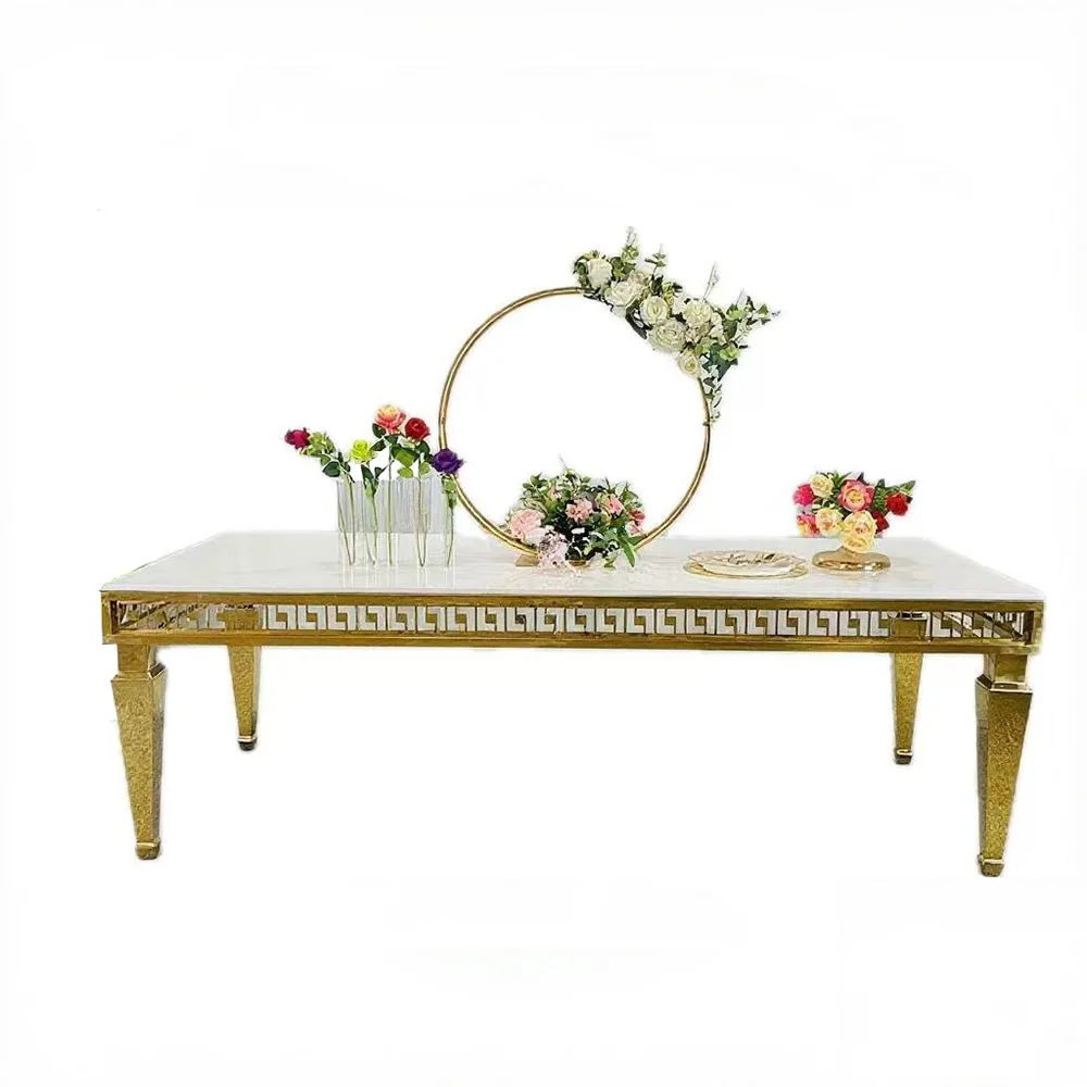 FSDKX Wedding Banquet Table Stainless Steel Frame Glass Desktop Hotel Event Table Wedding Furniture Dining Table
