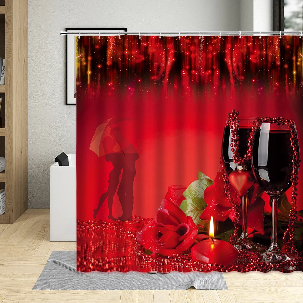 Romantic Valentine\'s Day Shower Curtain Couples Red Rose Flower Wine Glass Butterfly Piano Keys Home Bathroom Waterproof Fabric