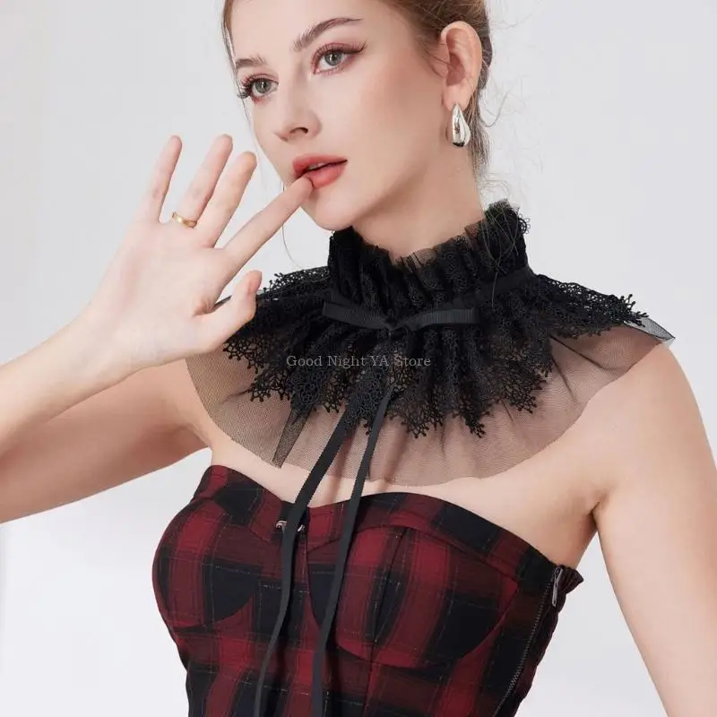  Detachable Sheer Lace False Collar With Front Ribbon for Layered Outfit Styling