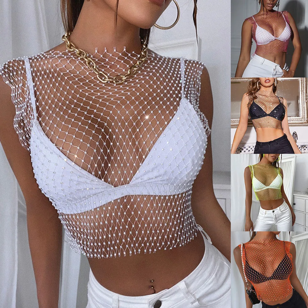 Mesh Crop Top Women Crop Top Crop Top Diamond Transparent Ventilation Comfortable Hollow Out Mesh Net Rhinestone