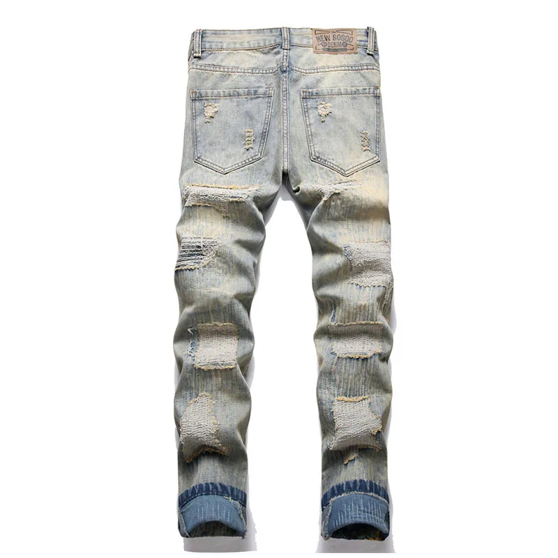 Mcikkny Men Vintage Flower Embroidery Jeans Pants Washed Patchwork Hip Hop Denim Trousers Slim Fit