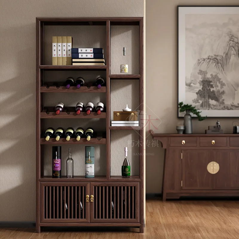 ตู้เก็บไวน์จีนแบบใหม่ ทำจากไม้เนื้อแข็ง พร้อมไฟส่องสว่าง ตู้โชว์แบบมีฉากกั้น