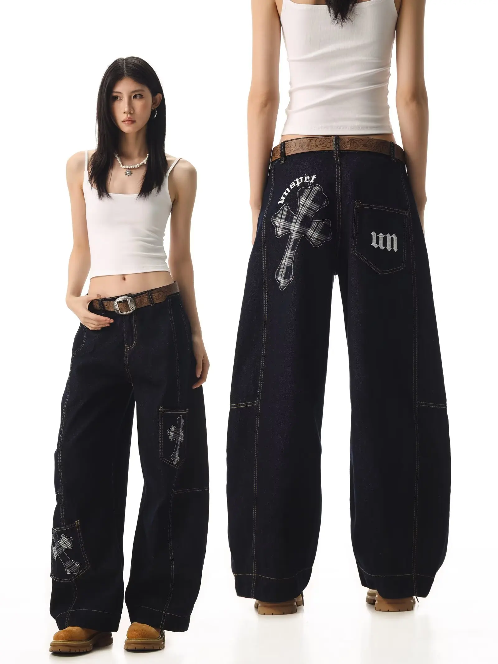 

Черные женские брюки с завышенной талией в стиле ретро Y2K, прямые брюки в стиле хип-хоп, свободные брюки с изогнутыми ножками, уличные американские широкие джинсовые брюки