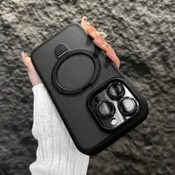 Metal Ring Stand Magnetic Matte Case for IPhone 15 14 13 12 11 Pro Max Plus 15Pro i15 Magsafe with Lens Protector Mac Safe Cover
