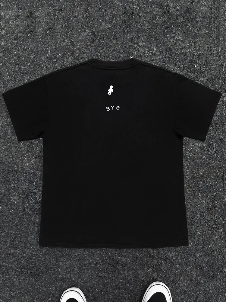 Loose Black Alien Spaceship Graffiti Short Sleeve T-Shirt Unisex Youth Fashion Summer Top round Neck Shoulder Pad T-Shirt