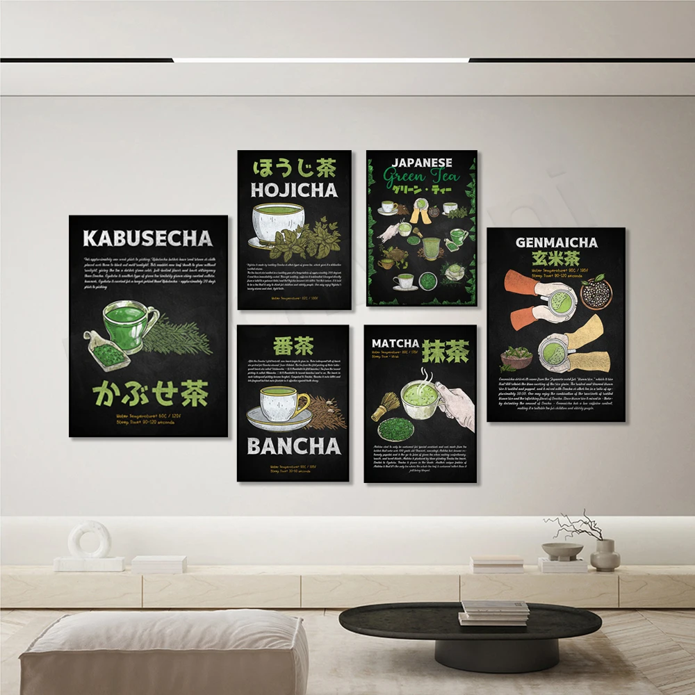 

Types of Japanese Green Tea, Genmaicha, Hojicha, Sencha Wall Painting Kitchen Decor Nordic Poster Wall Art Canvas Painting