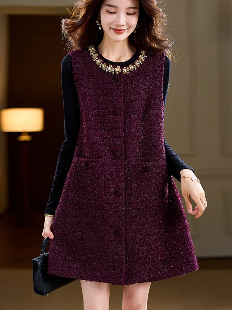 

Ele Street Sle Mid-Length Vest Women's Faion Autumn Winter plus Size Top Button Detail Polyester Fiber Pure Color