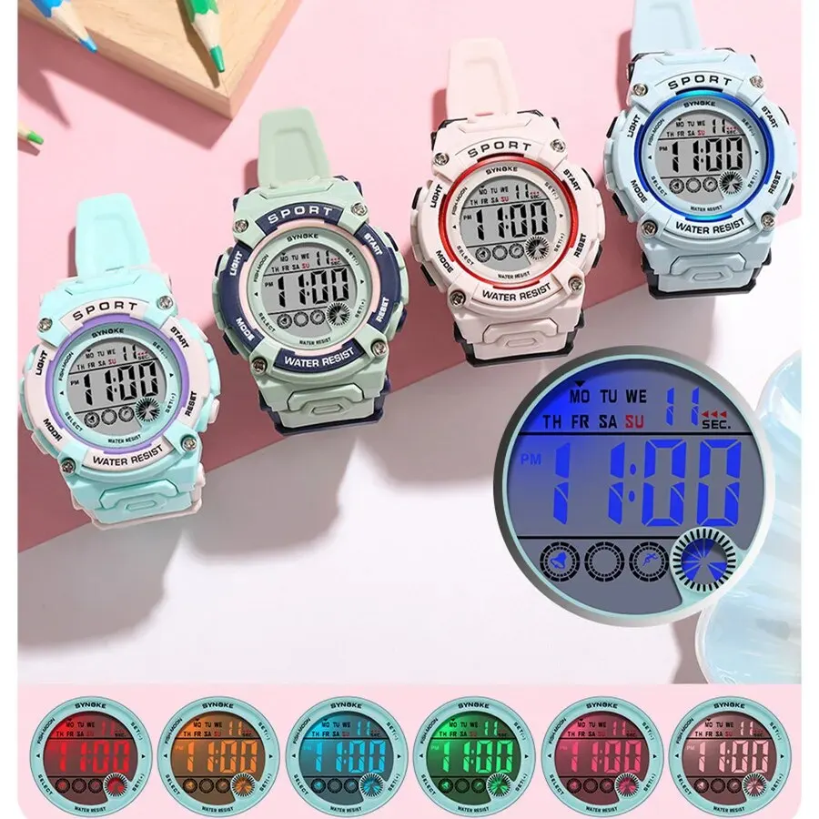 SYNOKE Student Digital Watch Waterproof Sports Children Watch Glow Multi Function Kids Watch Seven Colors Light Gift