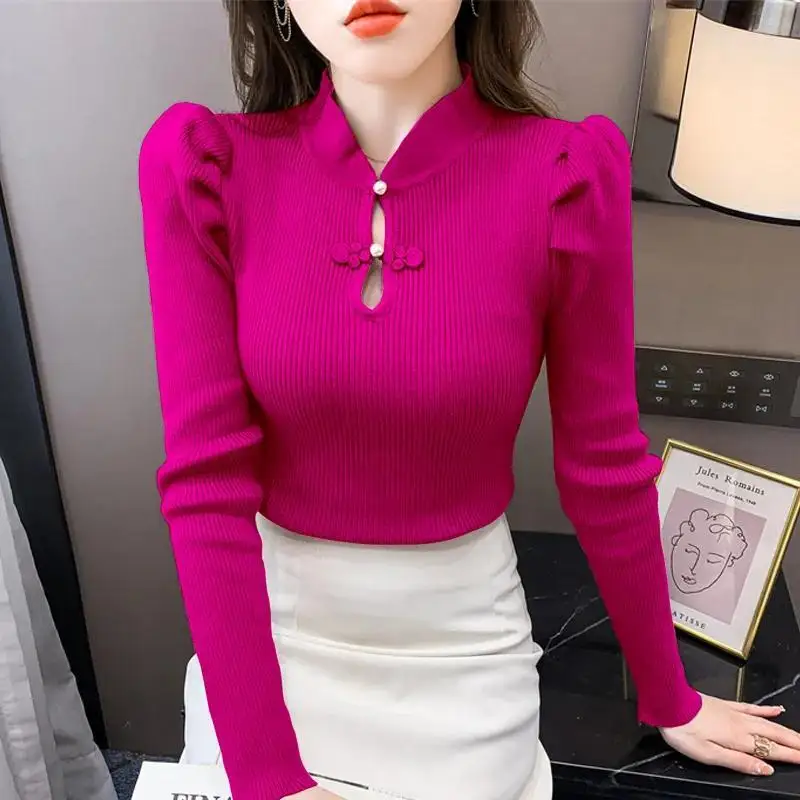 2023 New Autumn and Winter Fashion Half High Collar Button Knitted Bubble Sleeve Temperament Commuter Slim Fit Women\'s Sweater