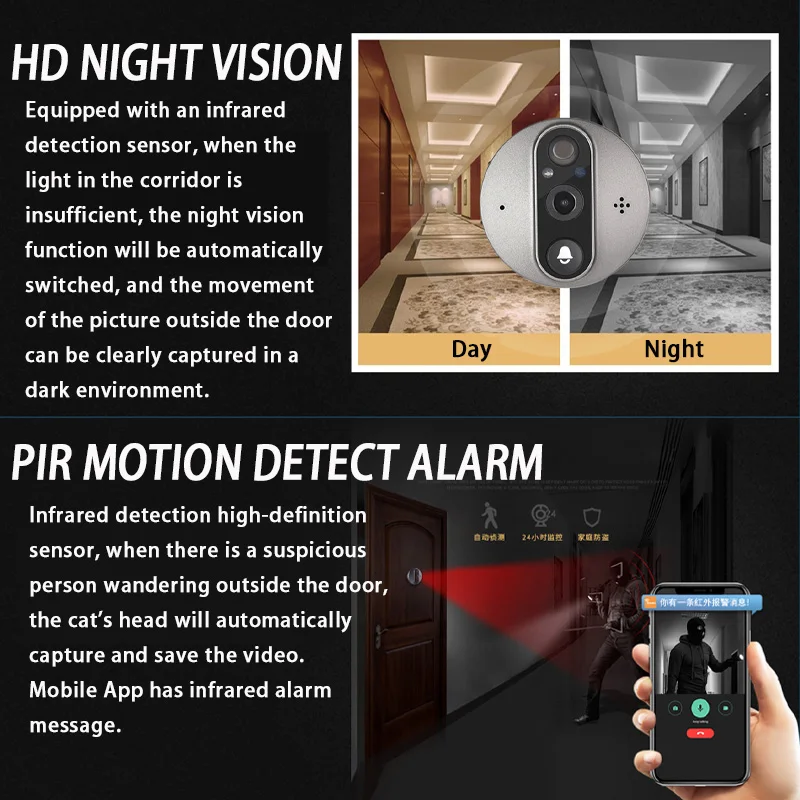 4.3 Inch Smart 1080P WiFi Doorbell Eye Peephole Camera 160° Wide Angle PIR Night Vision Infrared Door Digital Viewer