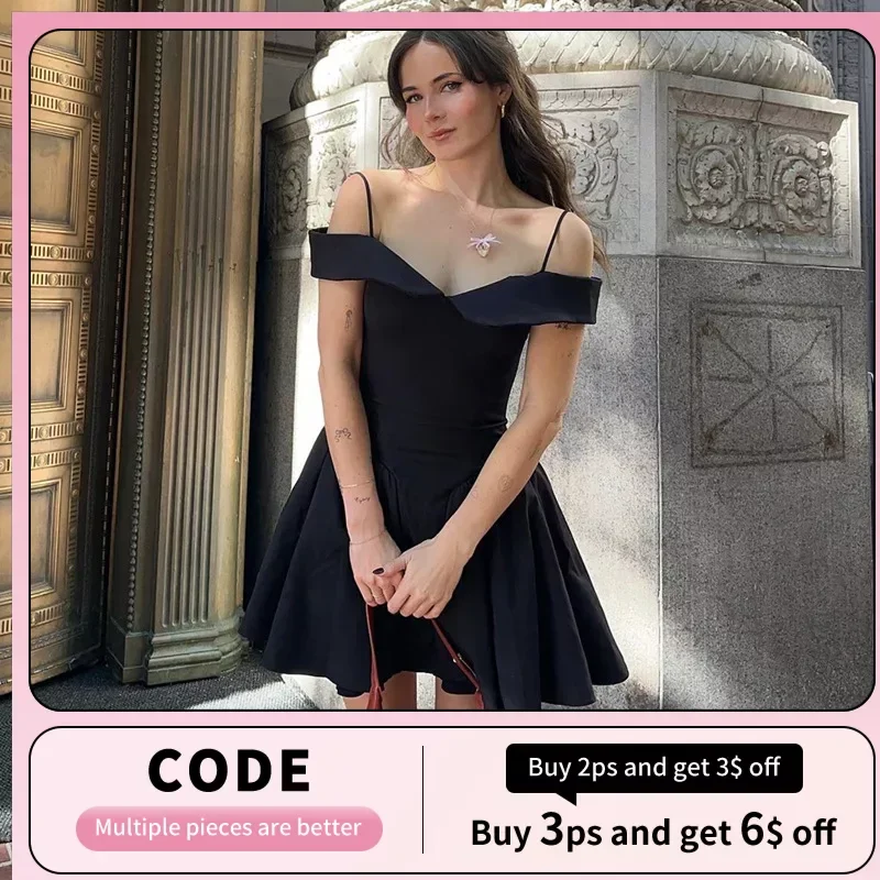 

Women's Black Strap Dress Spring and Summer New Sexy Little Temperament Royal Sister Waist Halter A-line Dress Woman