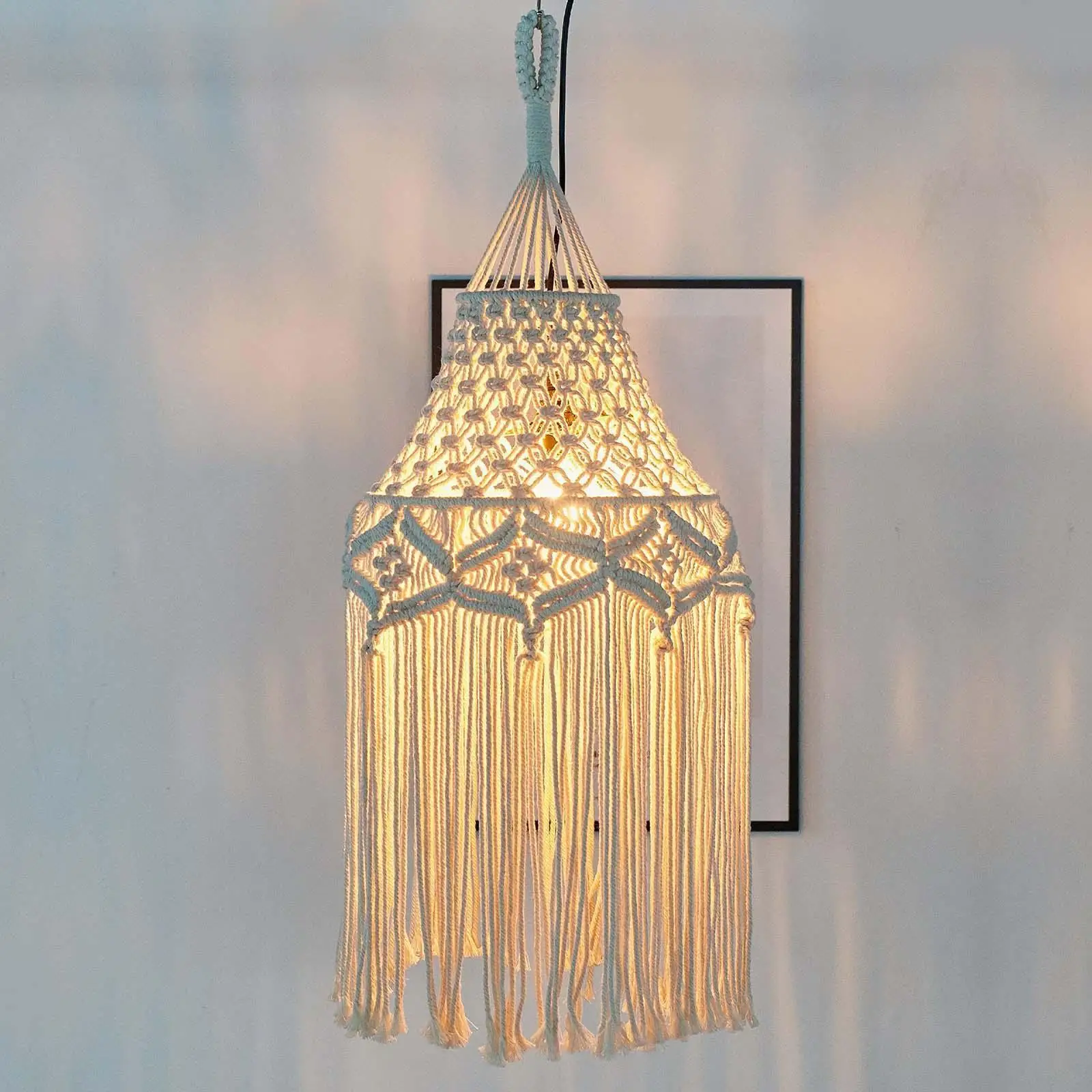 Handmade Macrame Lamp Shade Boho Style Woven Cotton Lampshade for Dining Room and Bedroom Fixtures
