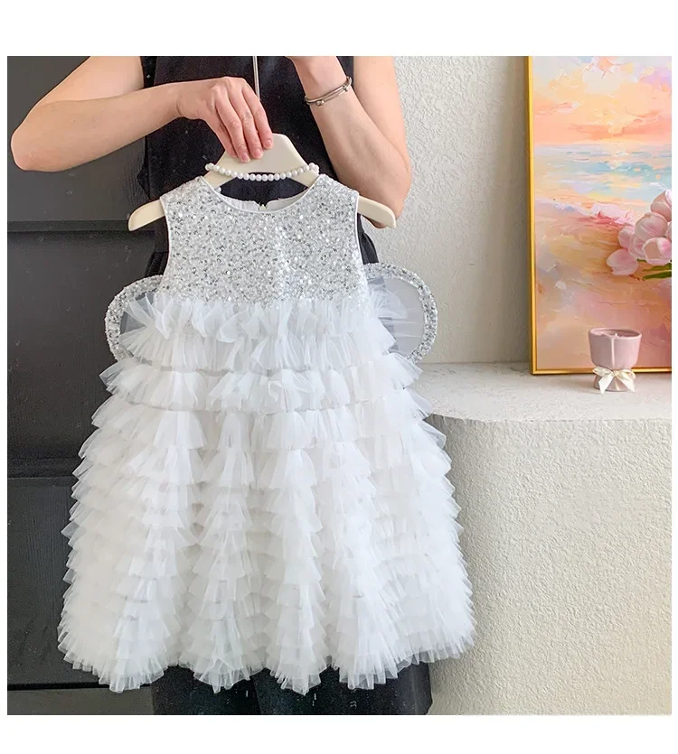 Kid Girl White Sleeveless Dress Children Accessories Performance Bodice Luxurious Show Layered Ruffled Fashion Elegant Skirt