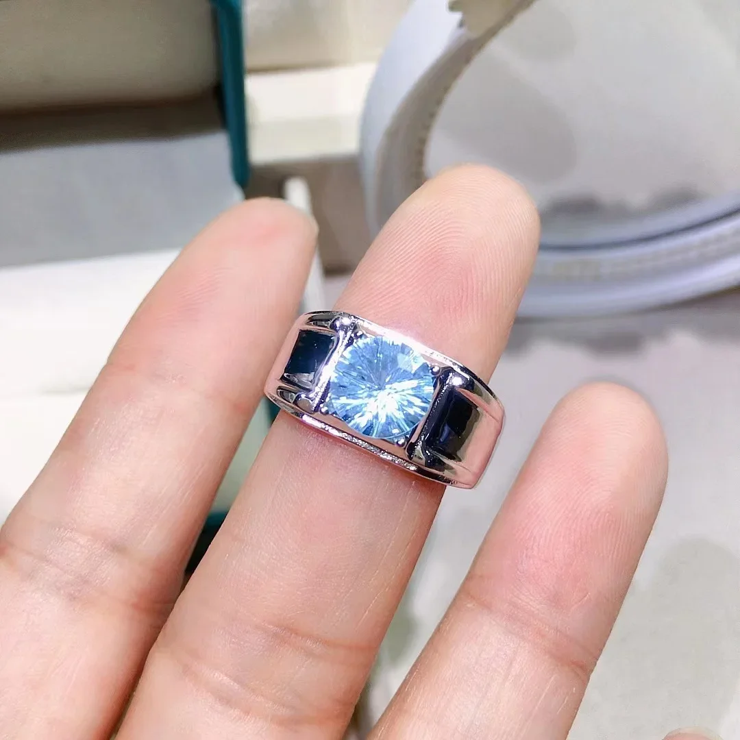 Cincin Pria Topas Biru Terang 2ct Cincin Topas Alami 8Mm * 8Mm untuk Pria Perhiasan Topas Perak 925 untuk Pakaian Sehari-hari