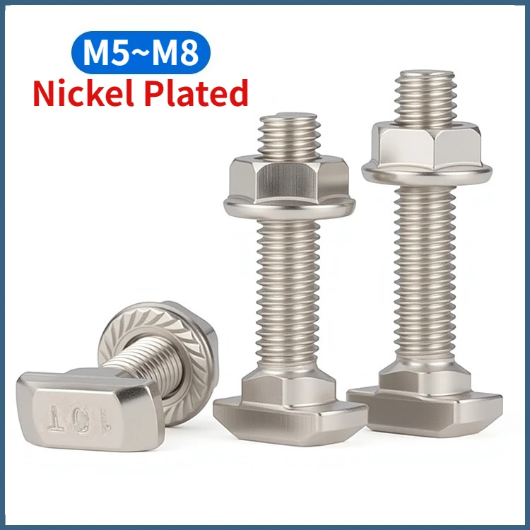 Beicai M5 M6 M8 Nickel Plated T Bolt Drop In Hammer Aluminium Extrusion Profile 20 30 40 45 Series And Serrated Flange Nuts Set